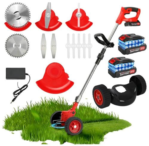 Tondeuse à Gazon sans Fil 21 V, débroussailleuse électrique à Batterie, Tondeuse à Gazon Portable, Outil de Jardinage léger, Coupe-Herbe Rechargeable, poignée télescopique réglable (Red)