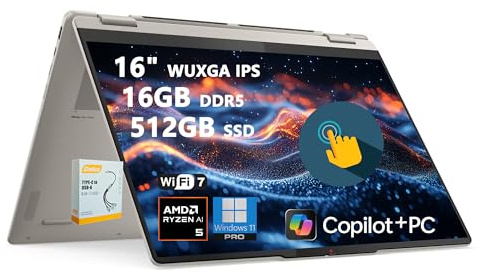 Lenovo Yoga 7 Ordinateur portable 2 en 1 Copilot+ AI PC | WUXGA IPS Touch 16 | AMD Ryzen AI 5 340 (jusqu'à 50 Tops) | 16 Go DDR5 512 Go SSD | pour Creator Business Professional Wi-Fi 7 Win11 Pro avec