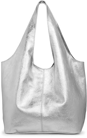 Caspar große Wildleder Hobo Bag Leder Shopper Damen Tasche aus samtweichem Veloursleder - PREMIUM LINE - Modell No.840 - Made in Italy, Farbe:silber metallic