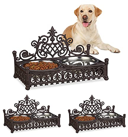 Relaxdays Gamelle chiens style antique double écuelle antiquités fonte fer forgé 1 litre bols inox, marron, 27 x 45 x 24,5 cm