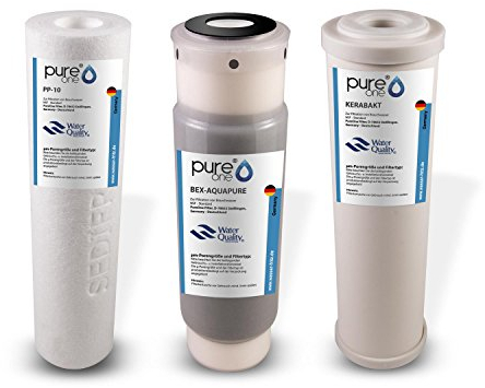 PureOne SEDIBAKT Ersatz-Garnitur Wasserfilter für Wasseraufbereitungsanlage 3-Fach Bakterien u. Keimen. PP Sediment Vorfilter, Aktivkohle-Kartusche, 0,3µm Keramik-Patrone 10 Zoll