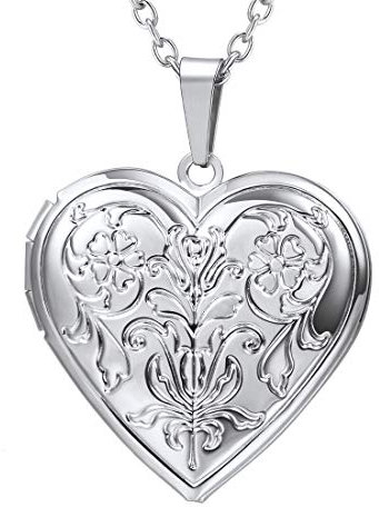 U7 Damen Anhänger Herz Medaillon zum Öffnen Blumen Muster Photo Bilder Weißgold Amulett Souvenir Halskette Locket Fotokette Modeschmuck für Frauen Mädchen Muttertag