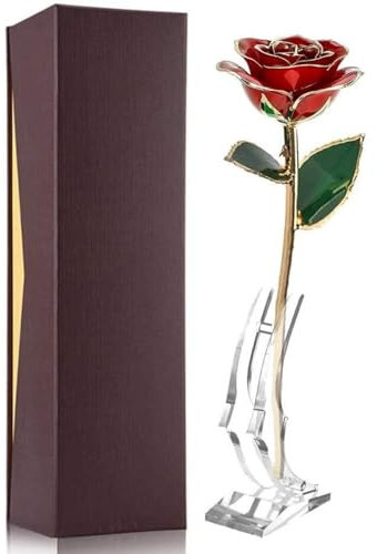 FILFEEL 24K Gold Rose, Dipped Flower Gift for Her Made of Fresh Rose, Last Forever Mother's/Thanksgiving/Christmas/Valentine's/Birthdays Party/Graduations/Weddings (Red with Stand)