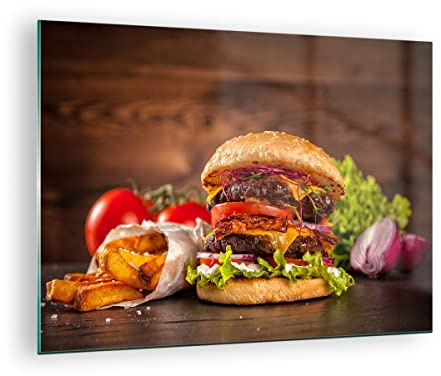 Bilder auf Glas Hamburger Sandwich Glasbild 70x50cm Wandbilder Dekoration Wohnzimmer Schlafzimmer Küche Deko Klein Wanddeko Bild im Glas Wand Kunstdruck Art Modern Wall Decor Glasdruck GAA70x50-3795