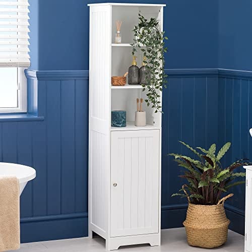 CHRISTOW Tall Bathroom Cabinet, Wooden White Tallboy Unit, 3 Shelf Storage Cupboard