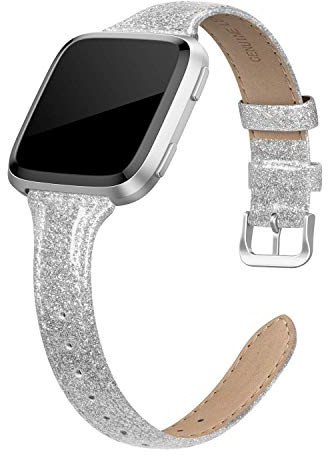 EDIMENS Echtlederarmband kompatibel mit Fitbit Versa 2/Fitbit Versa Lite & SE/Fitbit Versa, schlankes Ersatzarmband aus Leder für Versa Frauen Männer (13 EU: Glitzerndes Silber)
