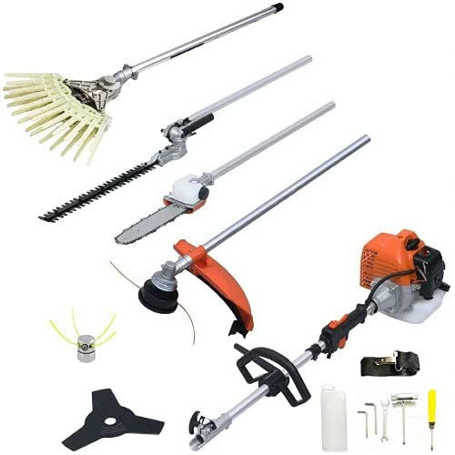 Decespugliatore a Benzina 5 in 1 Multifunzione con Asta scuotiolive, Motosega, Tagliasiepi, Tagliabordi + Testina in Acciaio 52cc a Scoppio troncarami Uso Professionale e Domestico