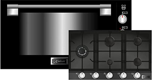Kaiser Backofen-Set EG 9371+KCG 9387, Einbau Gas Backofen 90 cm 79L autark Grill Selbstreinigung Schwarz Glas+Gas-Kochfeld,90cm,Einbau Herd, Knebel,Schwarz Glas, 3,8 KW WOK