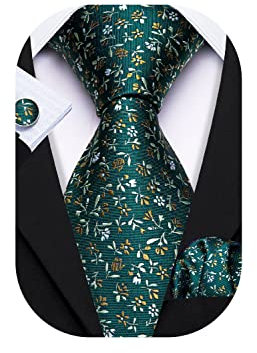 Barry.Wang Man Green Floral Necktie Set Silk Woven Solid Fashion Handkerchief Cuff Links Business Ceremony