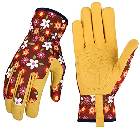 Leder-Gartenhandschuhe für Damen – Arbeitshandschuhe zum Jäten, Graben, Pflanzen, Hacken und Beschneiden (braun + gelb)