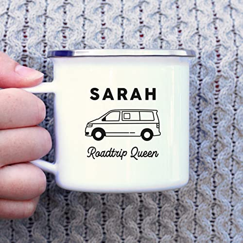 eBuyGB Personalised T5 Campervan Mug, 13oz Travel Camping Enamel Coffee Mug, Metal 380 ml Tea Camper Cup, Gifts for Him or Her, Any Name & Slogan Engraved