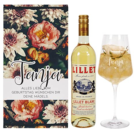 Herz & Heim® Geschenkset mit Vintage Blumenmotiv, graviertem Weinglas und einem alkoholischen Getränk, personalisiert (Lillet Blanc)