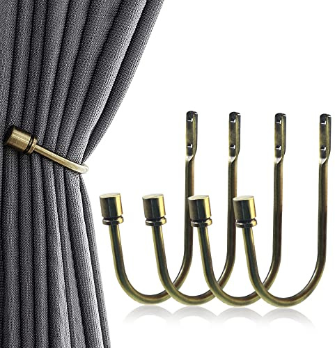 4 Pieces Metal Curtain Tiebacks, U Shaped Drapery Holdbacks, Decorative Curtain Holdbacks for Wall, Heavy Duty Metal Window Treatment Hook, Cyan
