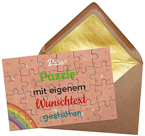 Puzzle selbst gestalten mit Text - 24 Teile Puzzle Personalisieren mit Wunschtext, inkl. Briefumschlag mit Gold-Inlay | Hintergrund Regenbogen mit Herzchen