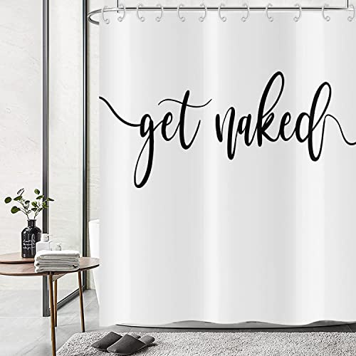 Hnmdmyi Duschvorhang Weiß 180x180, Schwarz Art Font Words Get Naked Duschvorhänge Funny Quotes Schöne und Coole Badewanne Vorhang Wasserdicht Polyester Stoff Waschbar Badevorhang mit Haken
