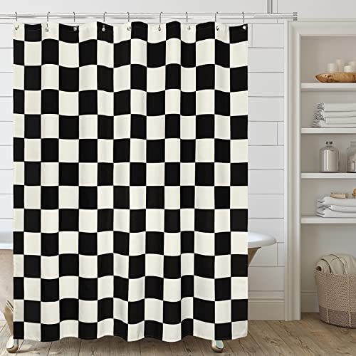 Tititex Rideau de douche esthétique en tissu imitation lin à motif damier, blanc, beige, noir, ensemble de rideaux de douche modernes décoration 180 x 213 cm avec 12 crochets