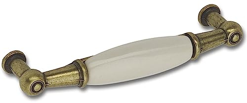 SCHÖRGHOFER & FREHE Griff Landhausstil Ontario - Porzellangriff für Möbel - Möbelgriff LA96mm, Breite 107mm Porzellan/Zinkdruckguss altvermessingt