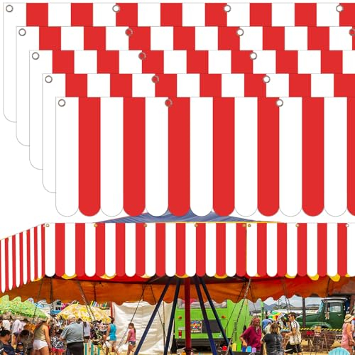 Preboun 5 Stück Zirkusmarkise Dekoration weiß und rot gestreift 3D Markise Wanddekorationen 9,84x78,74 cm Zirkus Zelt Baldachin hängende Karneval Banner für Mottoparty, LEN-Preboun-3161