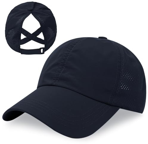 outfit spring Baseball Cap Damen Kappe Sommer Basecap Pferdeschwanz, Verstellbar Frauen Ponytail Cap Baseballmütze Mesh Atmungsaktiv Sonnenhut Freizeit Kappe mit Zopfloch Outdoor Sports Kreuz Marine