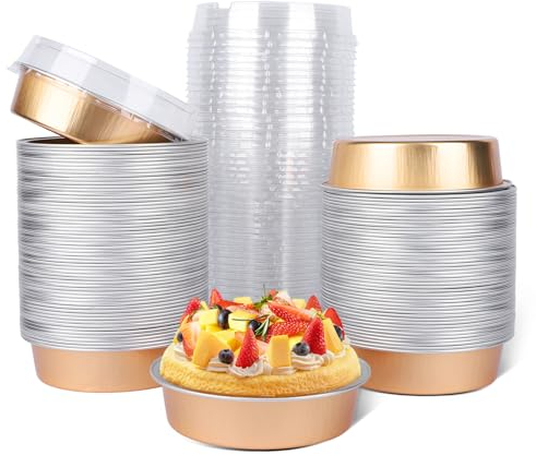 Beasea Mini Ramekins with Lids, 120 Pack 4 Inch 8oz Disposable Creme Brulee Tart Pie Tins Rose Gold Small Aluminum Foil Cake Baking Tins Pans Individual Round Containers Oven Safe for Baking