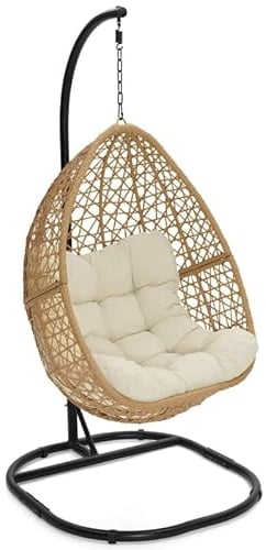IDMarket – Sillón Luna colgante calado efecto ratán con cojín crudo