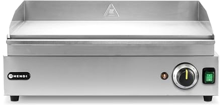 HENDI Grillplatte, glatte Ausführung, Entnehmbare Festtschublade, Temperatur bis 300°C regelbar, Elektrogrill, Tischgrill, Gastrogrill, 230V/2400W, 526x444x(H)232mm, Edelstahl