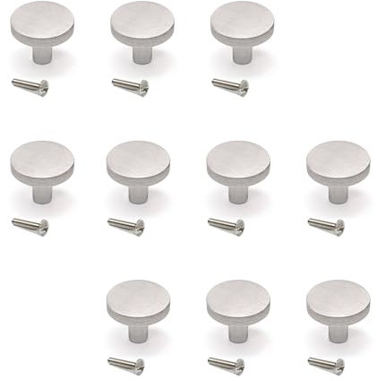 Emuca - Lote de 10 pomos para mueble, diámetro 30mm, Aluminio, Anodizado inox