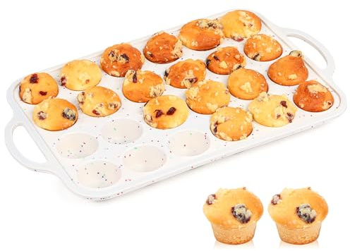 AOTASO 1 Pc Mini Muffin Pans with Metal Reinforced Frame, 24 Cups Nonstick Silicone Cupcake Tray for Baking, Food Grade Small Muffin Molds with Handles (Cream)