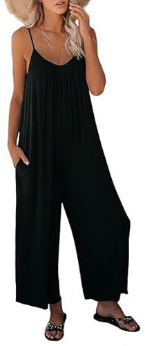 Haibang Combinaison Femme Été Sans Manches Casual Jumpsuit Chic et Élégant Bretelles Spaghetti Réglables Romper Salopette à Jambes Larges Loose Playsuit avec Poches