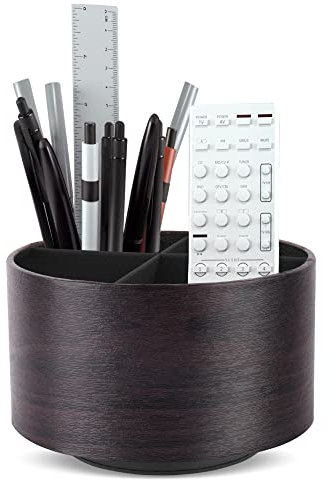 Czzmy Rotation range télécommande,Circulaire Support de télécommande en PU Cuir avec 4 Compartiments,Organisateur de bureau multifonction pour TV telecommande,Lunettes,Crayons(1-Brun foncé)