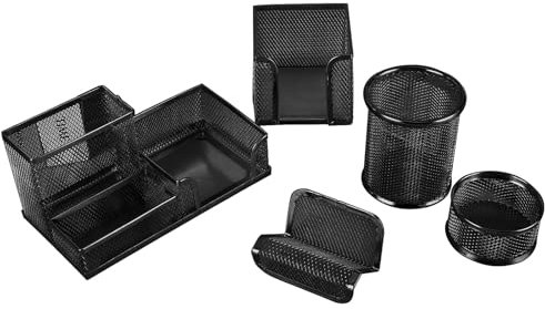 Gevvnss 5 Stück Schreibtisch Organizer,Mesh Metall Büro-Organizer mit Stifthalter für Stifte,Hefter,Ordnerklammern,Haftnotizen,Platzsparendes Desktop,Schwarz