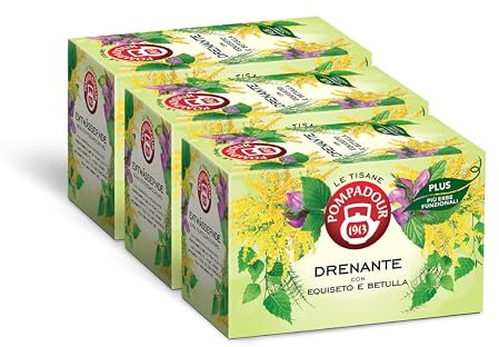 Pompadour, Tisana Drenante Plus con Equiseto e Betulla, 54 Filtri (3 Confezioni da 18 Filtri), Favorisce la Diuresi ed Eliminazione dei Liquidi in Eccesso, Senza Lattosio, Glutine e Allergeni, Vegan