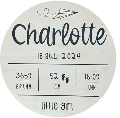 Geburtsschild, personalisiert, Geschenk zur Geburt Mädchen Junge, 30cm ø, Holz, Namensschild, Türschild, Wandteller, Geburtstafel