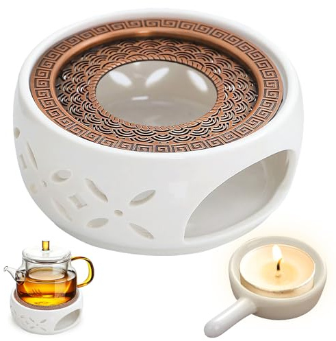 Keramik Teewärmer mit Teelichthalter - Kaffeewärmer für Tee und Kaffee, Weiß mit Hohl Geschnitztem Design
