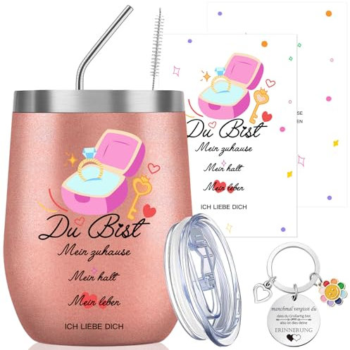 Szhhrxi Regalo de despedida para parejas, taza de vino brillante de 20 oz con diseño de Du bist mein Leben y anillo de compromiso, regalo romántico para parejas, ideal para aniversario, día de San