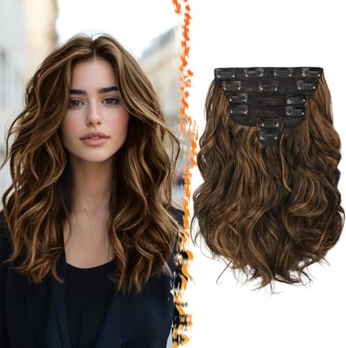 BARSDAR Kurzes Wellige Clip in Extensions 30cm Highlight Clip in Haarverlängerung für Frauen 6PCs Voller Kopf Dickes Synthetisches Clip in Haarteil - Dunkel Braun mit Highlights