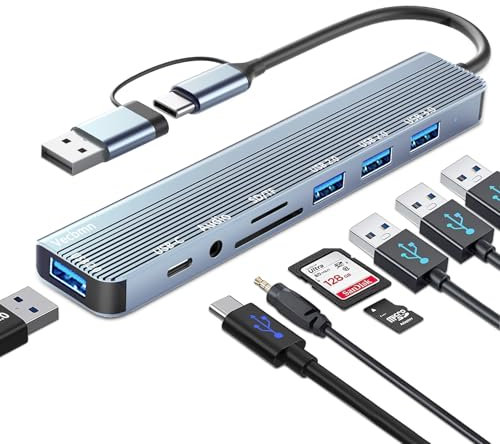 Hub USB C, 8 in 2 USB Hub 3.0 Adaptador Macbook with USB 2.0 & USB 3.0 Ports, SD/TF Card Reader, 3.5mm Audio Ports, Puertos USB Multiples para PC, MacBook, Surface, DELL, Laptop, Desktop, PS4/5, etc