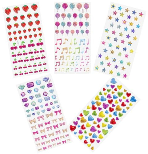 Glitzersteine Selbstklebend, 5 Stück 3D Aufkleber Set für Kinder, Liebesherzen Sterne Schleifen Luftballons Musiknoten Kirschen Erdbeeren Glitzer Sticker, Mädchen Aufkleber für Kinder Handwerke