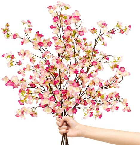4 Stück Künstliche Blumen Kirschblüten 105cm Kunstblumen Kirschblüte Osterstrauch Zweige Frühlingsdeko Seidenblumen wie Echt, Fake Flowers Pfirsichblüte für Bodenvase Tischdeko Frühling (Dunkelrosa)