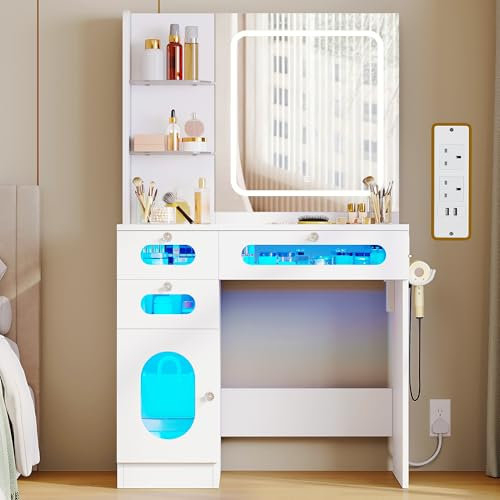 YITAHOME Dressing Table, Small Dressing Tables with Mirror White Dressing Table with LED Lights Makeup Vanity Desk 3-Color Lighting Modes Vanity Table with Drawers,Power Outlet Makeup Desk for Bedroom