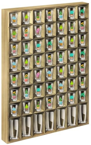 Large Shot Glass Display Case Wooden Shot Glass Holder Display Wall Mounted Shadow Box with Removable Shelves Shot Glasses Shelf Glass Rack Thimble Display Case Shot Glass Storage Case, 56 Slots