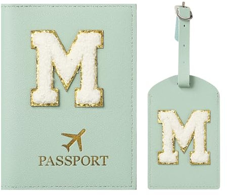 ZVRSUA Porta Passaporto Verde ed Etichette per Valigie Cover,Passaporto con Lettere, Pelle PU,Porta Passaporto da Viaggio Donne, Regalo Donna,Uomo,Adolescenti, Ragazze (Verde M)