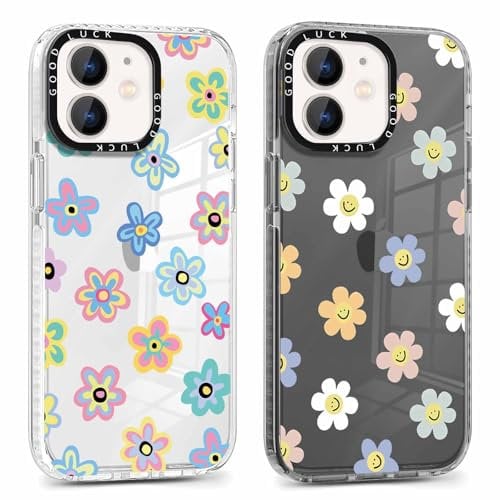RUMDEY 2 Pack Cute Clear Smile Flower Floral Phone Case for iPhone 12 Mini 5.4, Aesthetic Trendy Soft Slim Fashion Shockproof TPU Bumper Protective Cover for Women Girls - Colorful Flower