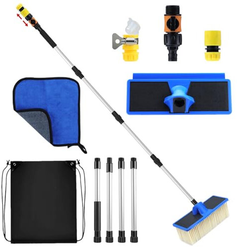 Feelhap Brosse Lavage Voiture Télescopique,Brosse de Lavage Télescopique Brosse Nettoyante Extensible 168 cm avec Manche Télescopique et Raccord d'eau,Camping Car Accessoires pour Caravane Toiture SUV