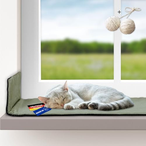 Rohrschneider Katzen Fensterliege | selbstwärmende Katzendecke | Made in EU | Katzenkissen mit Rutschfester Unterlage | waschbares Katzenbett aus Cordstoff | Größe 2 (90 x 29 cm) | Salbei