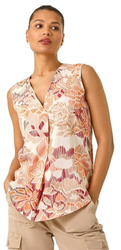 Roman Originals Women Pleated Vest Tank Top Ladies Sleeveless Blouse Shirt Tunic Summer Autumn Holiday V-Neck Work Office Cocktail Party Special Occassion Going Out - Orange Floral - Size 20
