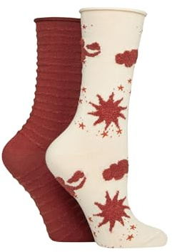ELLE Women's Feather Striped Socks - Soft, Breathable Bamboo, Crew, Fluffy, Patterned, Spotty, Striped, Multipack of 2 Size 4-8