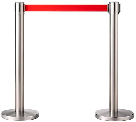 Générique Pack 2 Poteaux Guide-File Télescopiques – Hauteur 90 cm – Sangle Rouge 2 m Intégrée – Tête Multidirectionnelle – Base Lourde Antidérapante – Finition Argentée