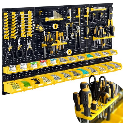 Humberg Mur à outils - Panneau d'atelier perforé - Étagère murale pour atelier et garage - 6 modules - 54 pièces - noir et jaune - 128 x 76 cm