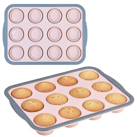 2 Stück Muffin Backform 12er, 31x22,2x3,6cm Muffinform Blech Silikon mit Metallrahmen,Antihaftbeschichtet Muffinblech Mini Muffins Backform,Silikonform muffins Backblech für Muffins Cupcakes (Rosa)